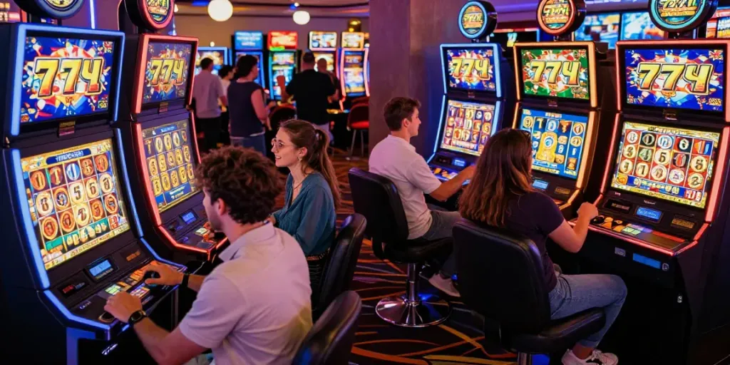 Permainan seru di mesin slot777 dengan teman-teman di kasino, atmosfer meriah dan penuh warna.