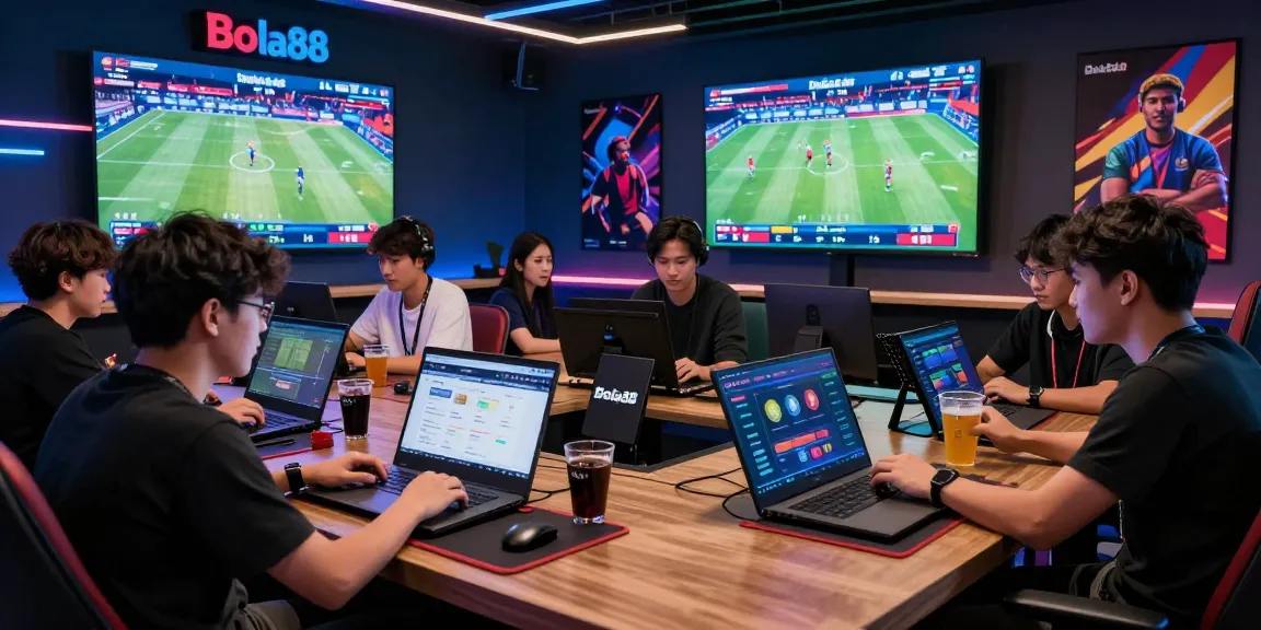 Bola88 gamers immersed in a high-tech betting environment with digital interfaces.