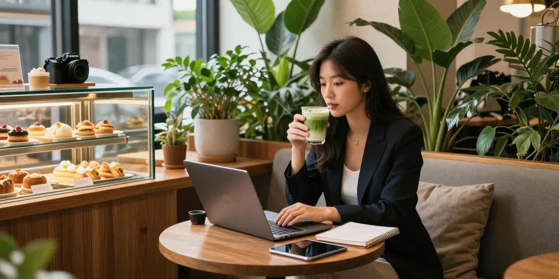 강남 세이렌의 스타일리시한 카페에서 여성이 업무 중이며, 독창적인 음료와 함께 아늑한 분위기를 즐깁니다.