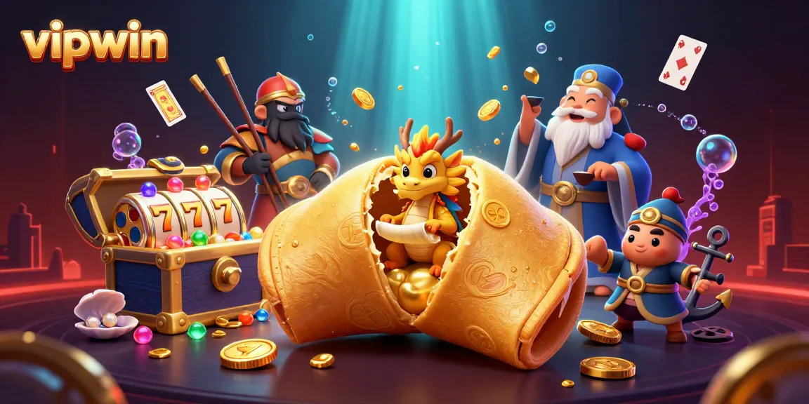 Experience thrilling wins with vipwin in an exciting gaming illustration featuring a giant fortune cookie and treasure.