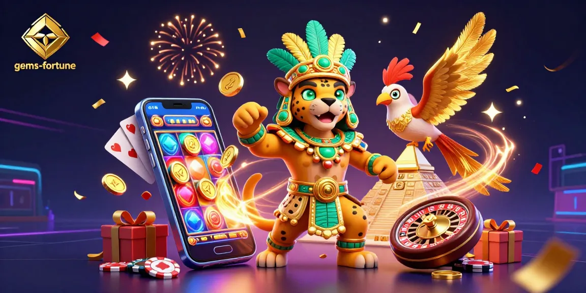 Experience thrilling wins in gems-fortune with a vibrant 3D illustration of ancient treasures and modern gaming elements.