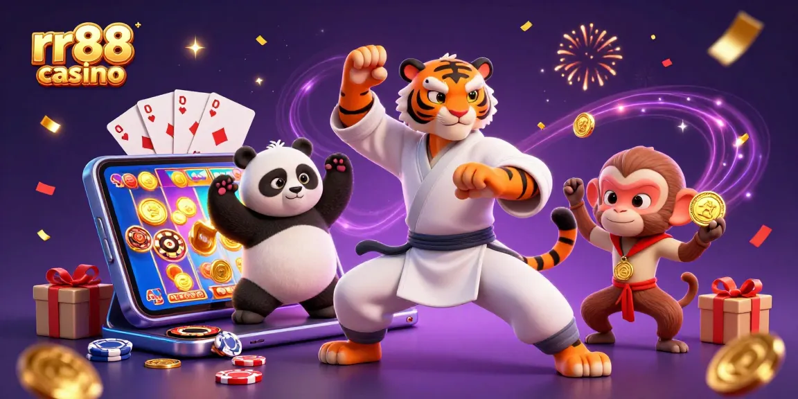 Experience the excitement of rr88 casino with a playful scene of cartoon characters and gambling elements.