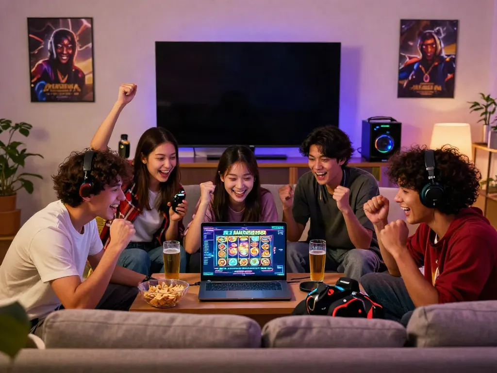 Engaging friends enjoying Slot MAHJONGJP88 in a cozy gaming living room.