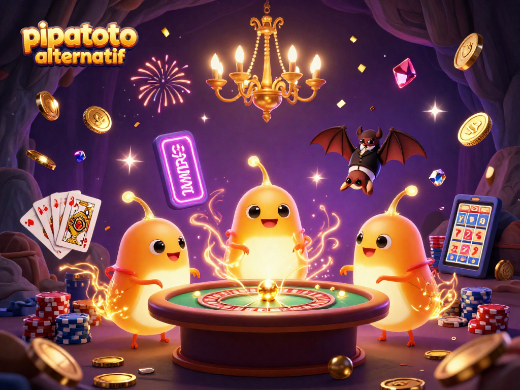 Pipatoto alternatif showcases a colorful cave casino scene with glowworms and a bat dealer amidst sparkling gems and coins.