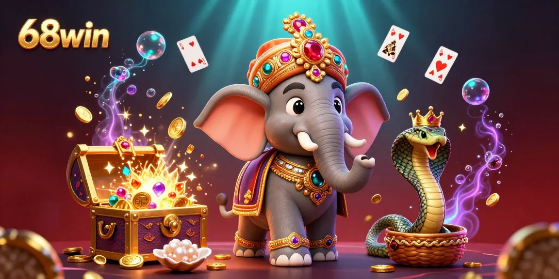 Join the excitement of 68win with vibrant gaming elements and 3D characters in an immersive casino scene.