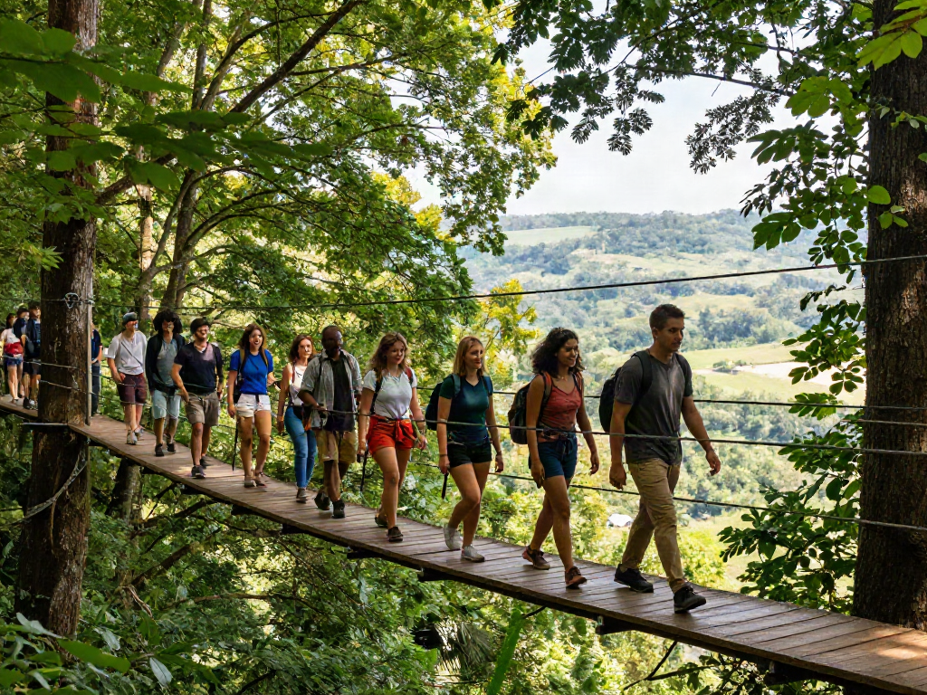 Treetop Walkway scene with friends enjoying nature above forest canopy.