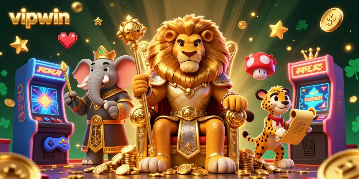 Experience exciting gameplay at vipwin, where the fierce lion king reigns in a vibrant, casino-themed 3D scene.