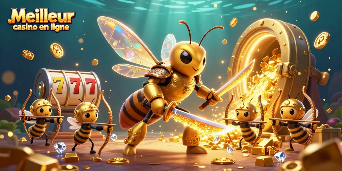 Engaging illustration of a Meilleur casino en ligne theme featuring a giant hornet samurai and bee archers amidst vivid slot elements.