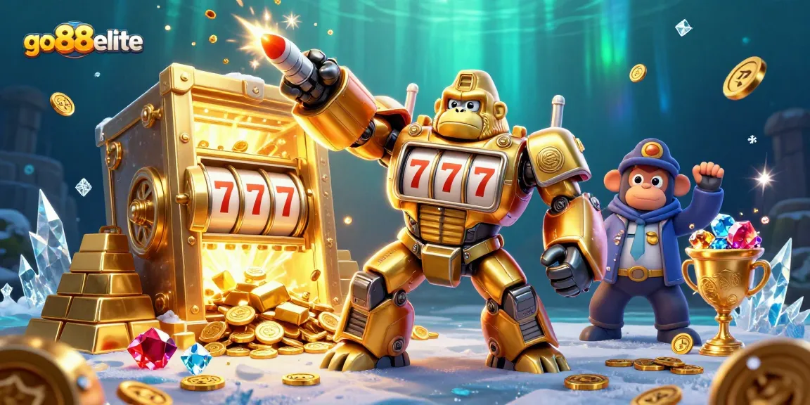 Win big at go88elite with an explosive jackpot scene featuring a golden gorilla mech and treasure.