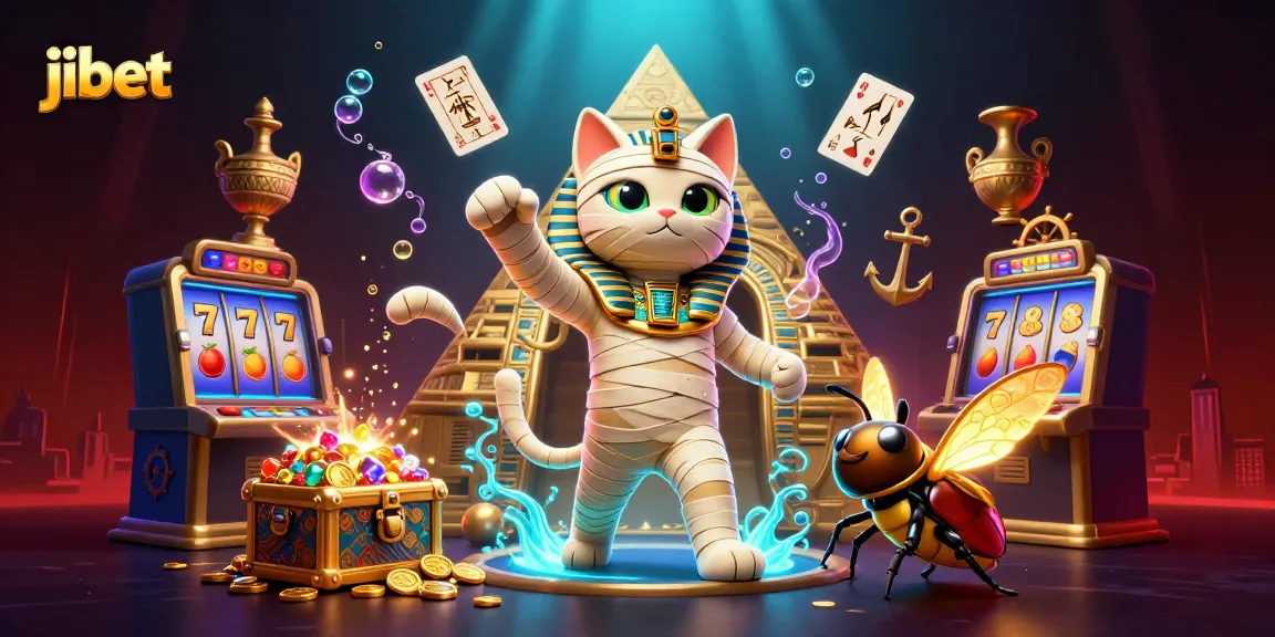 Spin the reels at Jibet Casino with an Egyptian mummy cat in a vibrant 3D scene filled with treasures.