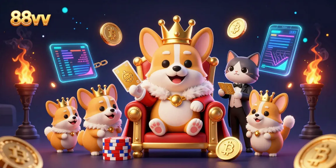 Experience the excitement of 88vv with a royal corgi and crypto coins in a vibrant casino scene.