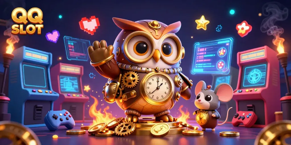 Spin the reels of QQ SLOT with a whimsical time-traveler owl and mouse in a vibrant casino.