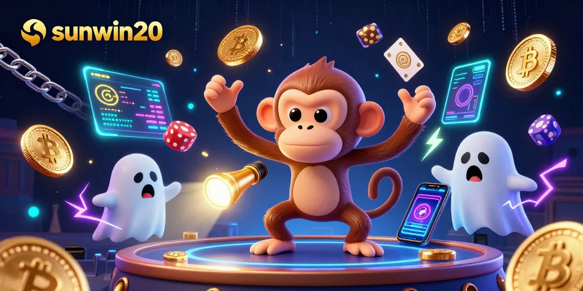 Experience the thrill of sunwin20 with a poltergeist monkey and rainbow NFTs in a vibrant casino.