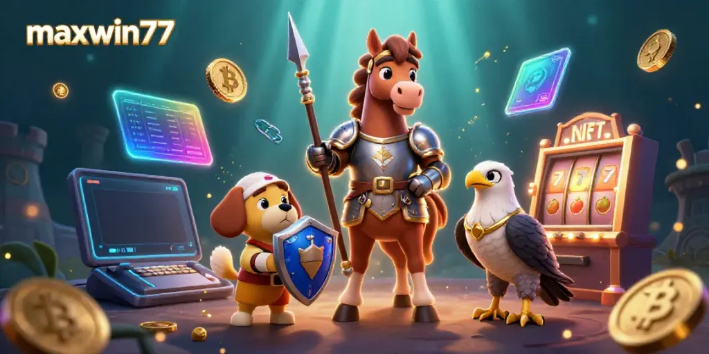 Engage with maxwin77's vibrant casino scene featuring a knight, squire, and falcon amid dynamic slot elements.