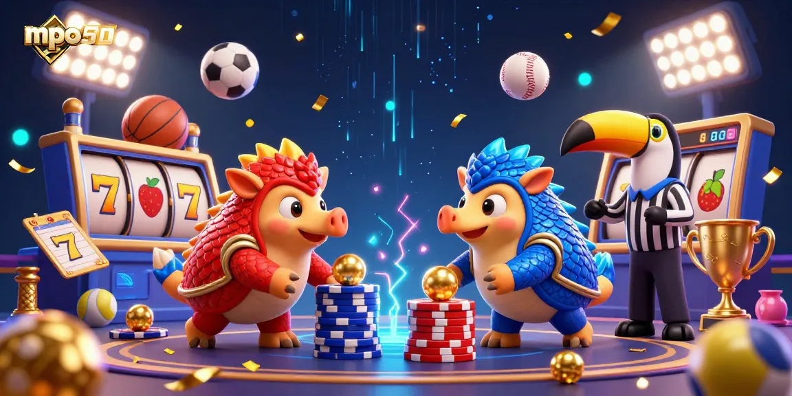 Experience mpo500 with rival pangolins bowling through poker chips in a vibrant 3D casino scene.