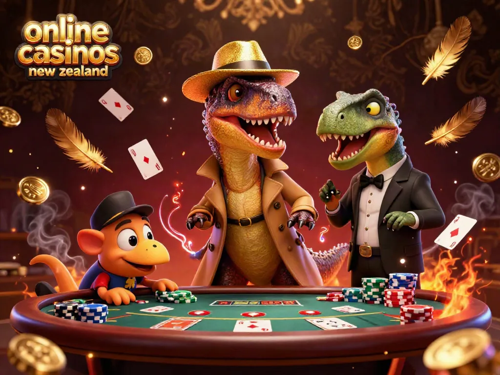 Experience thrilling gameplay at online casinos new zealand with a cartoon velociraptor at a blackjack table.