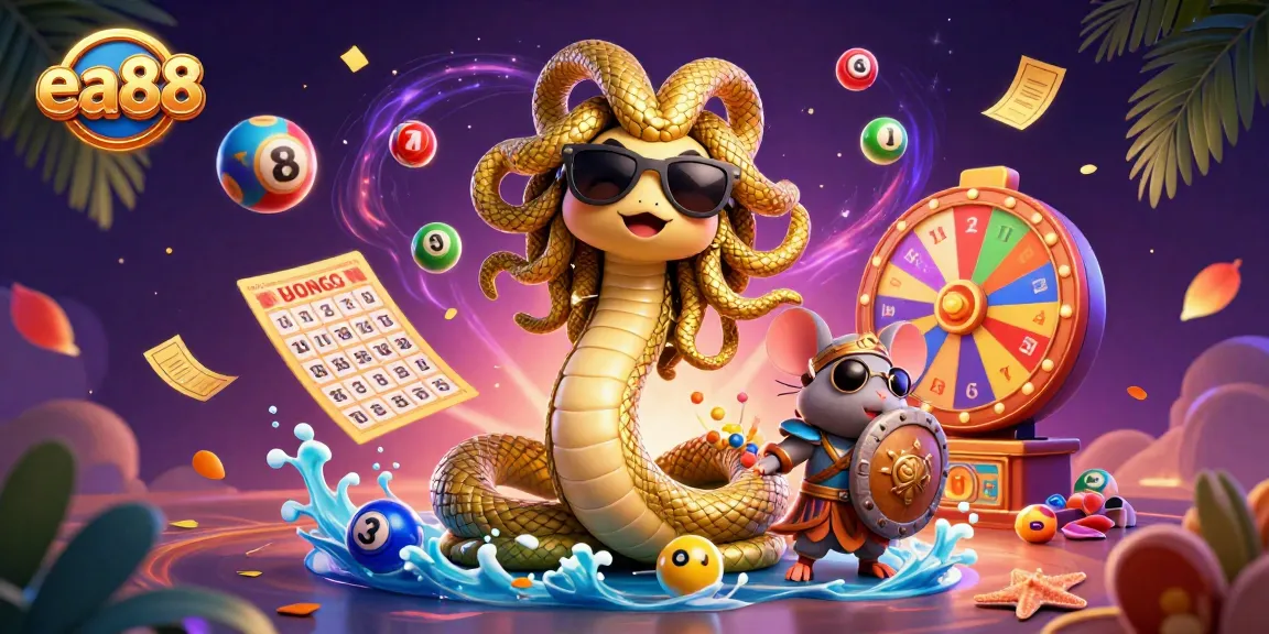 Engage with exciting ea88 gaming elements featuring a friendly Medusa and a brave mouse amid vibrant lottery activities.
