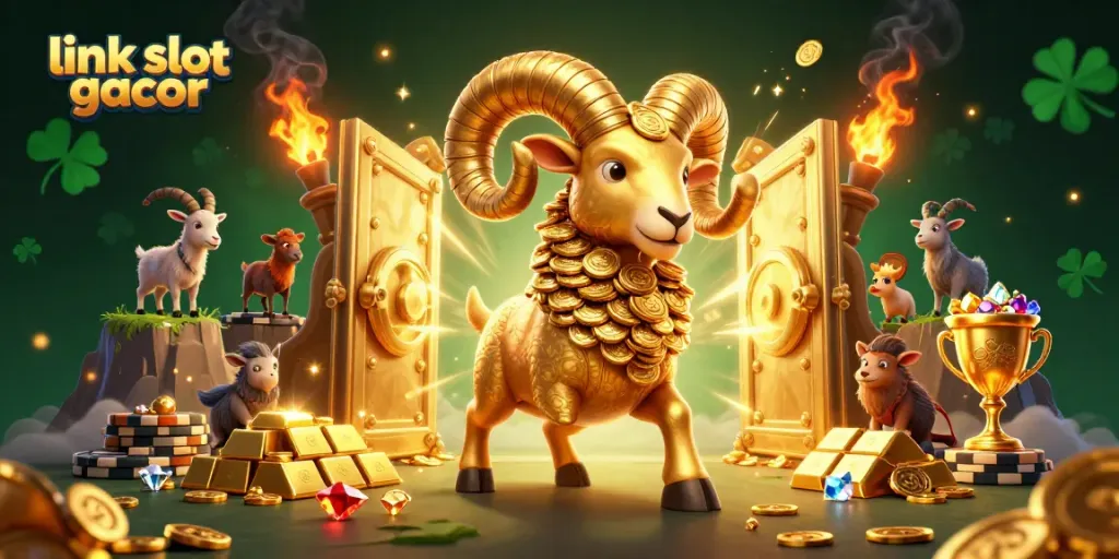 Menggoda pemain dengan link slot gacor dalam ilustrasi 3D penuh keceriaan, menampilkan domba emas melambung menuju gerbang keberuntungan.