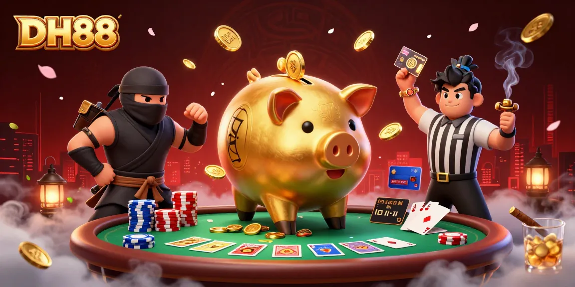Experience the dynamic action of DH88 with a golden piggy bank sumo and poker elements in a vibrant casino scene.