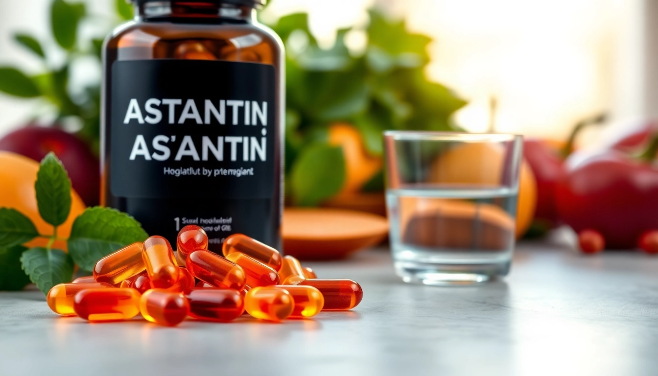 Display of best astaxanthin dosage capsules in a sleek bottle alongside health-focused props.