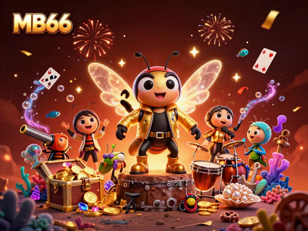 Experience the vibrant celebration at MB66 Casino with our rock star cicada and band, surrounded by treasures and gaming symbols.