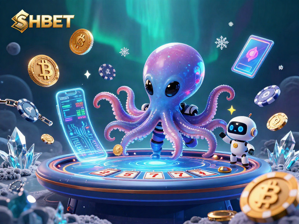 SHBET - A vibrant scene of an octopus and robot at a poker table with crypto coins.
