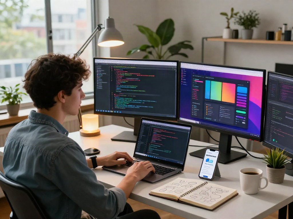 Young professional in an inspiring home office downloading the pikashow apk.