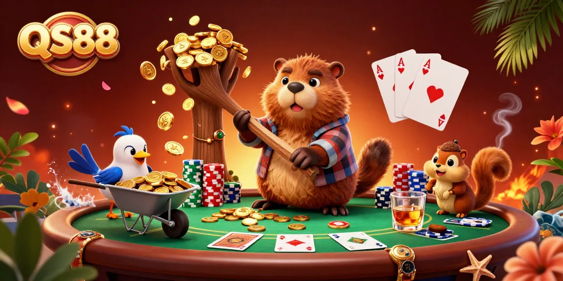 Experience thrilling QS88 gaming with a vibrant scene of a beaver and friends collecting coins and playing poker.