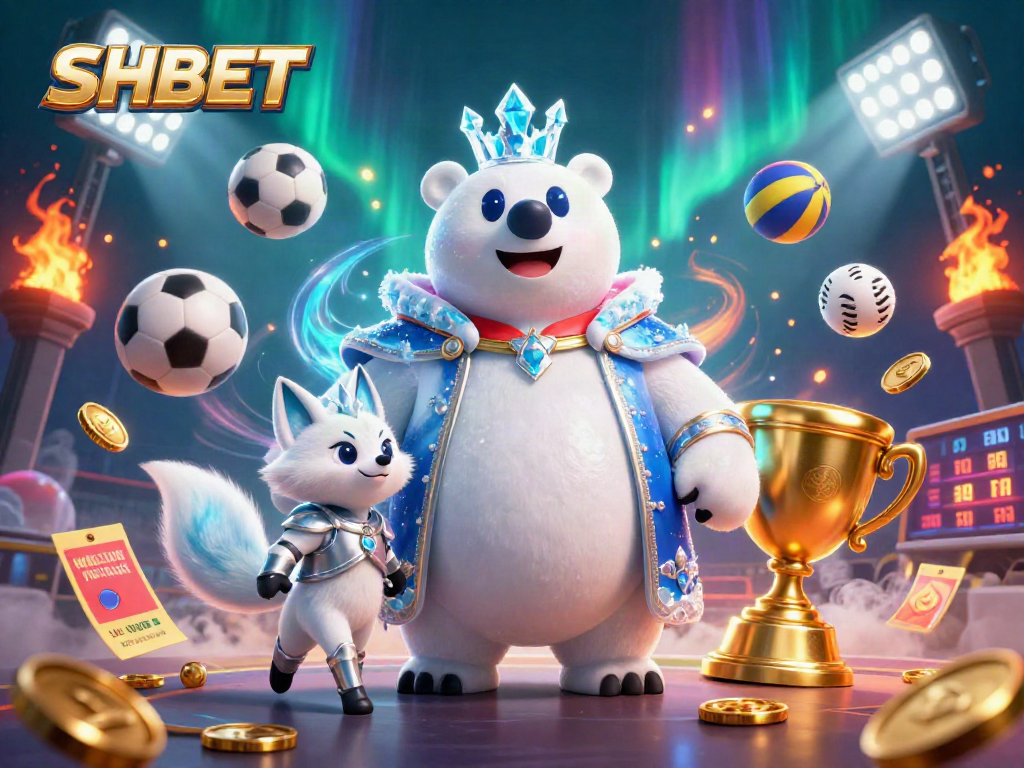 Experience the excitement of sports betting with SHBET's dynamic scene featuring colorful sports balls and royal characters.