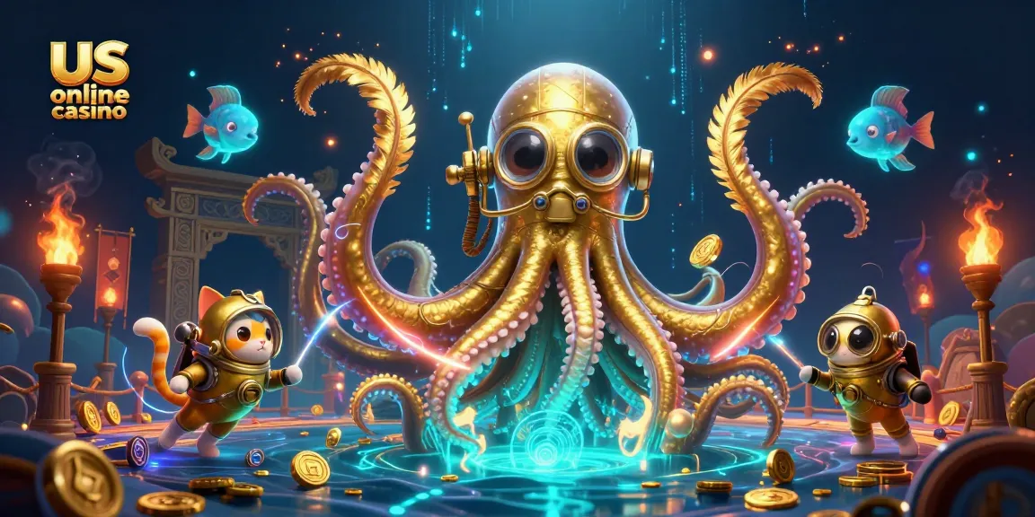 Experience thrilling action at a us online casino with a colossal kraken and a vintage diving cat.