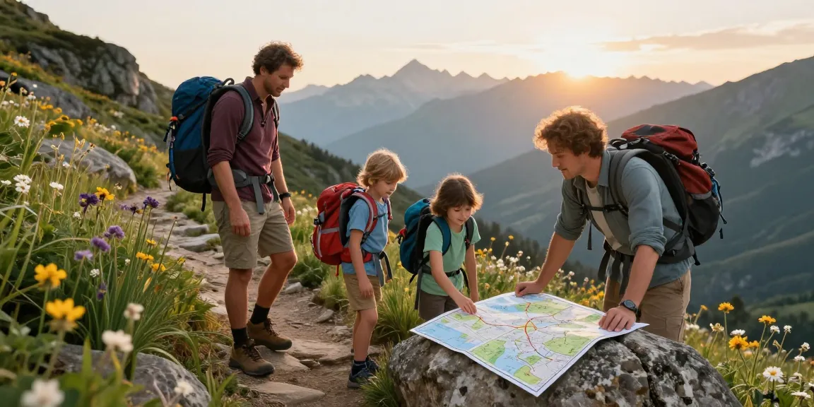 Family hiking adventure in stunning mountains, showcasing mantra88's focus on community exploration.