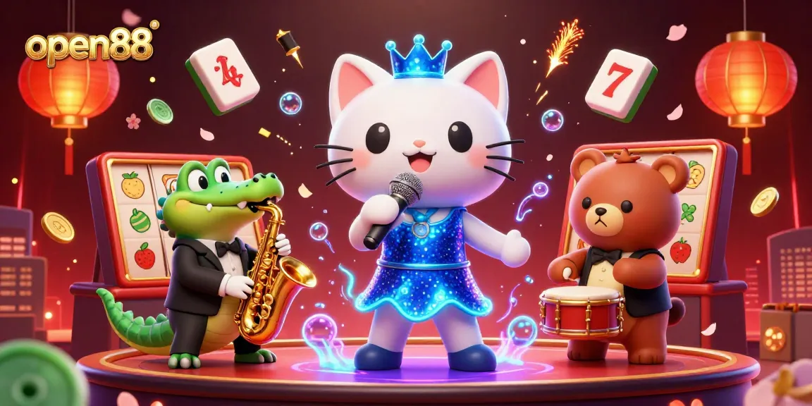 Experience thrilling wins with open88 in this vibrant 3D casino illustration featuring lively characters.