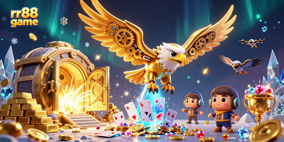 Experience the thrilling rr88 game with a cybernetic eagle amidst sparkling treasure and gaming excitement.