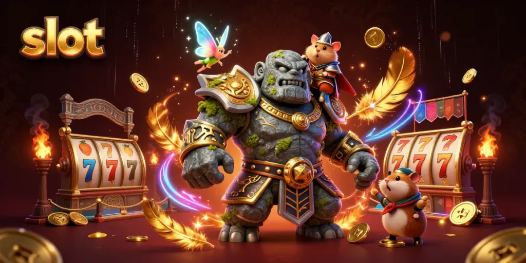 Slot yang menarik dengan golem kuno dan peri, menghalau koin emas di arena bermain.