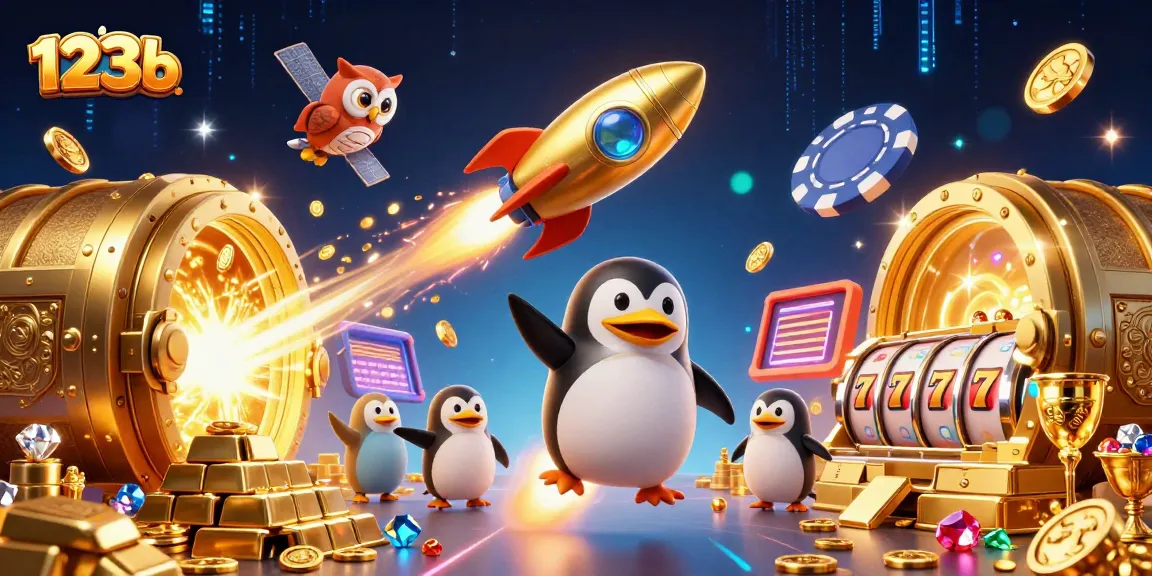 Experience the excitement of 123b with a golden penguin soaring toward a vibrant casino!