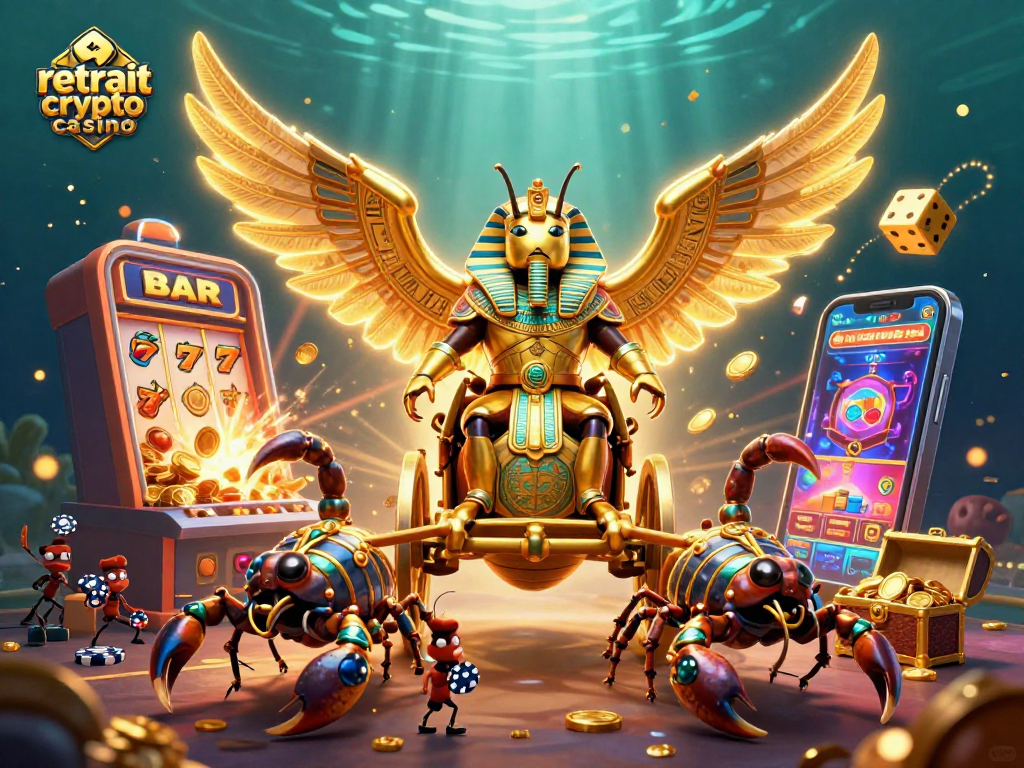 Participez à une scène dynamique de retrait crypto casino avec des éléments dorés et des symboles de chance.