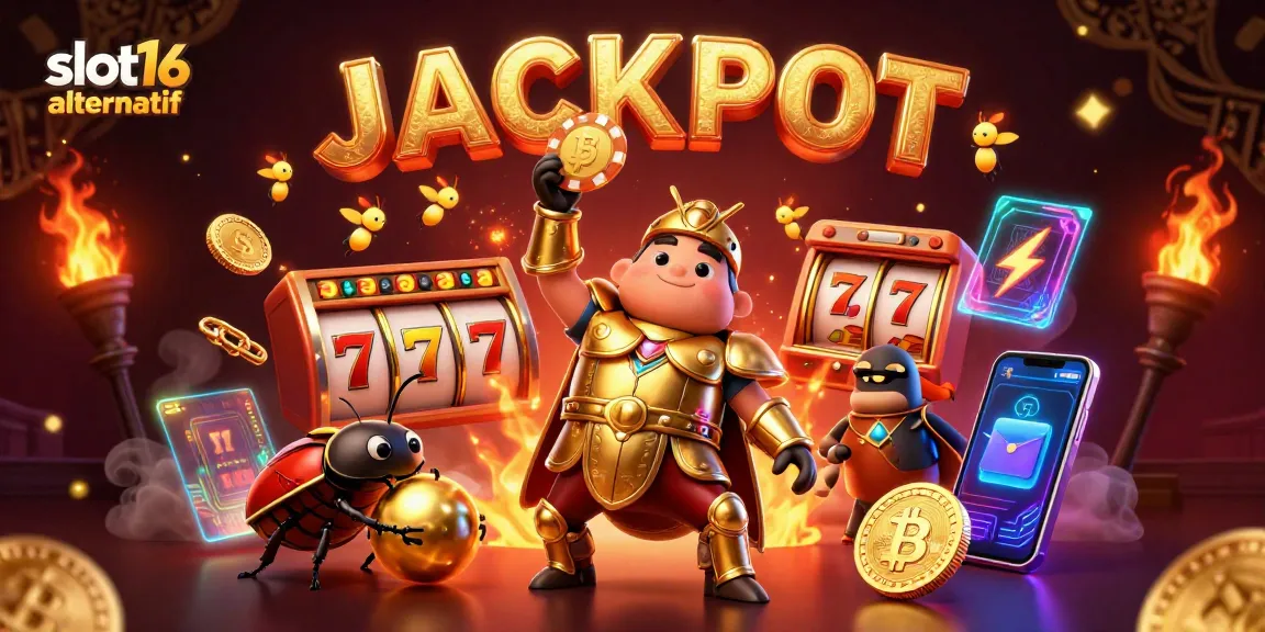 Catch the excitement with slot16 alternatif as a victorious beetle lifts a poker chip, surrounded by casino elements.