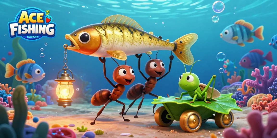 bancaucb team of ants navigating an underwater world in Ace Fishing, showcasing vibrant marine life and gaming elements.