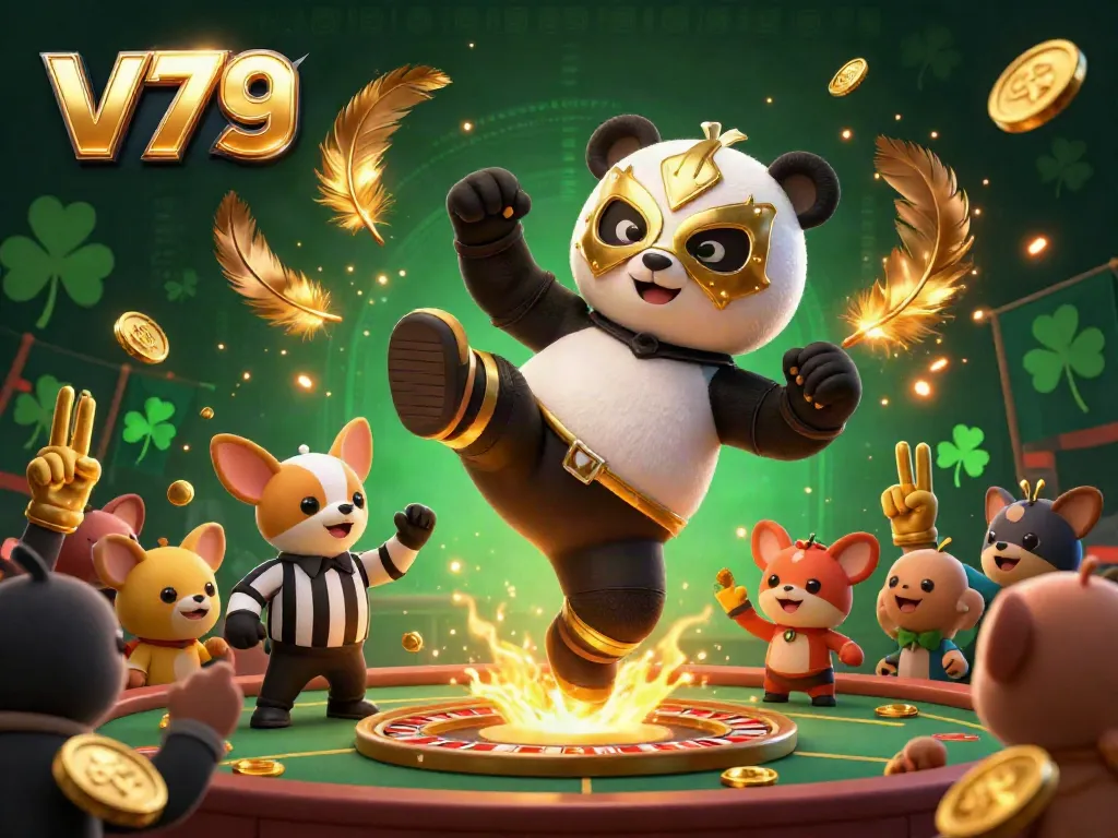 Engage in thrilling gameplay at v79 with a panda wrestler performing a kick, showcasing a vibrant gambling arena.