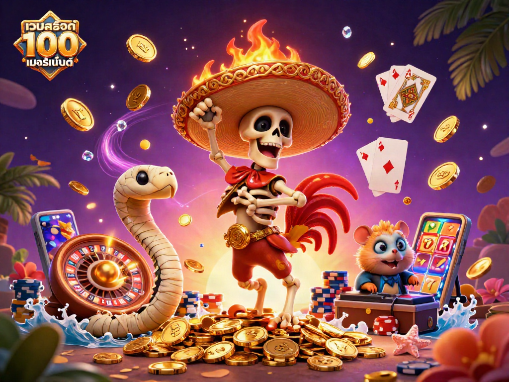 Engage in เว็บสล็อต แท้ 100 เปอร์เซ็นต์ with a scenes of winning characters celebrating among casino elements.