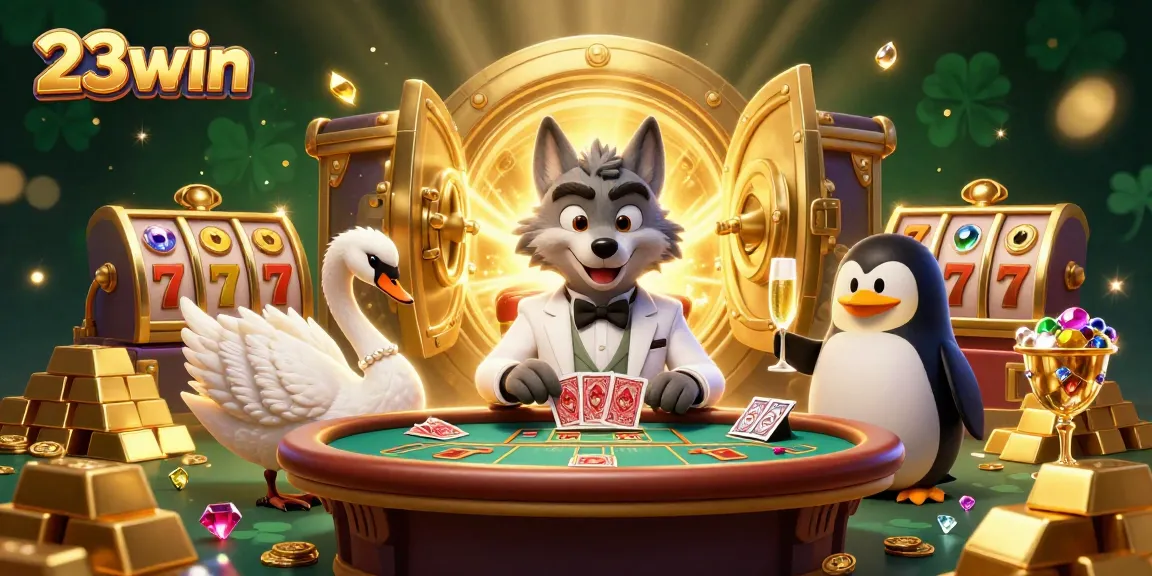 Experience the excitement at 23win with a luxurious baccarat table scene featuring charming characters.