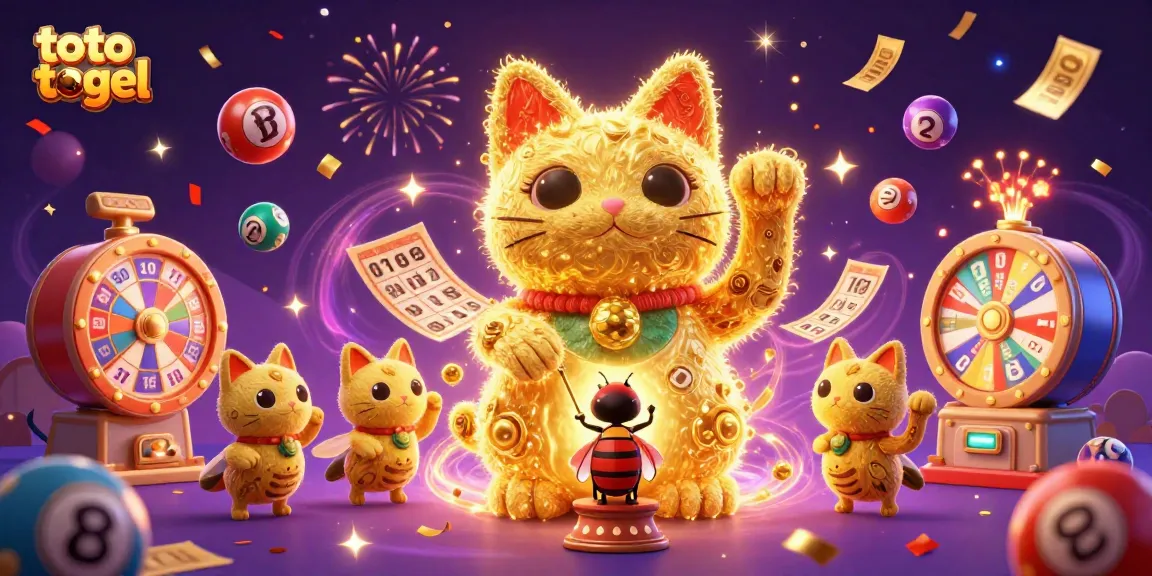 Gambar toto togel yang dinamis dengan karakter kucing keberuntungan dan banyak bola lotere yang melambung.