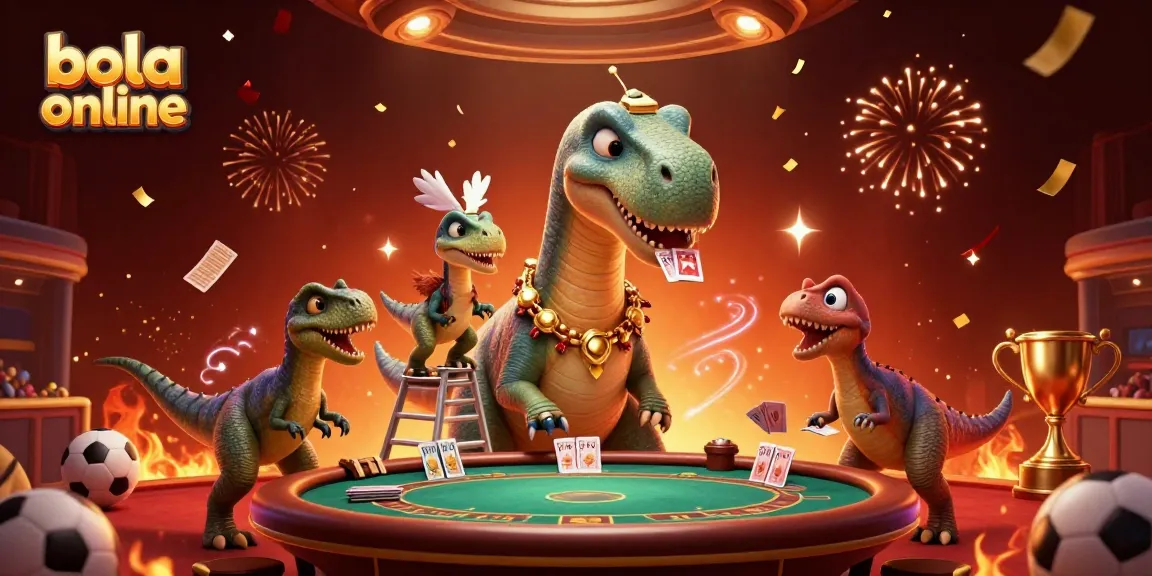 Bet on bola online with a 3D scene featuring towering dinosaurs at a lively casino.