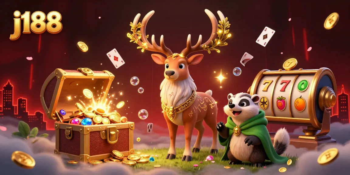 Engage with j188's captivating casino scene featuring a Celtic druid stag, gold coins, and slot reels.