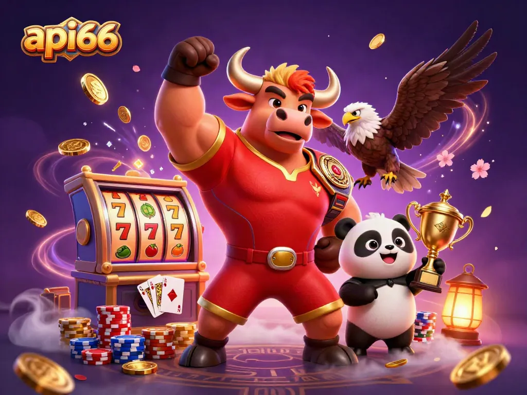 Engage with api66's thrilling casino world featuring a bull mascot, an eagle, and playful panda.