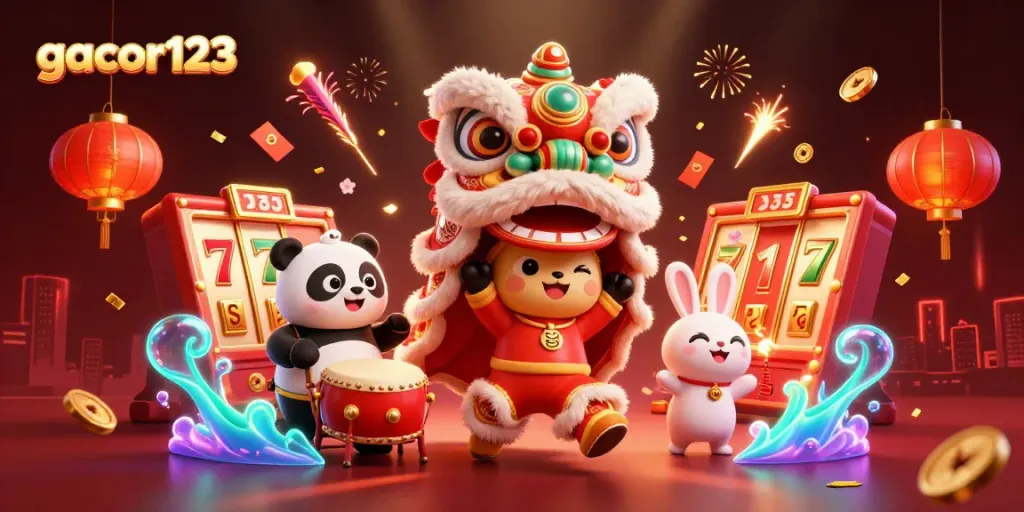 Experience excitement at gacor123 with a festive 3D illustration of a lion dance amidst thrilling slots and celebration.