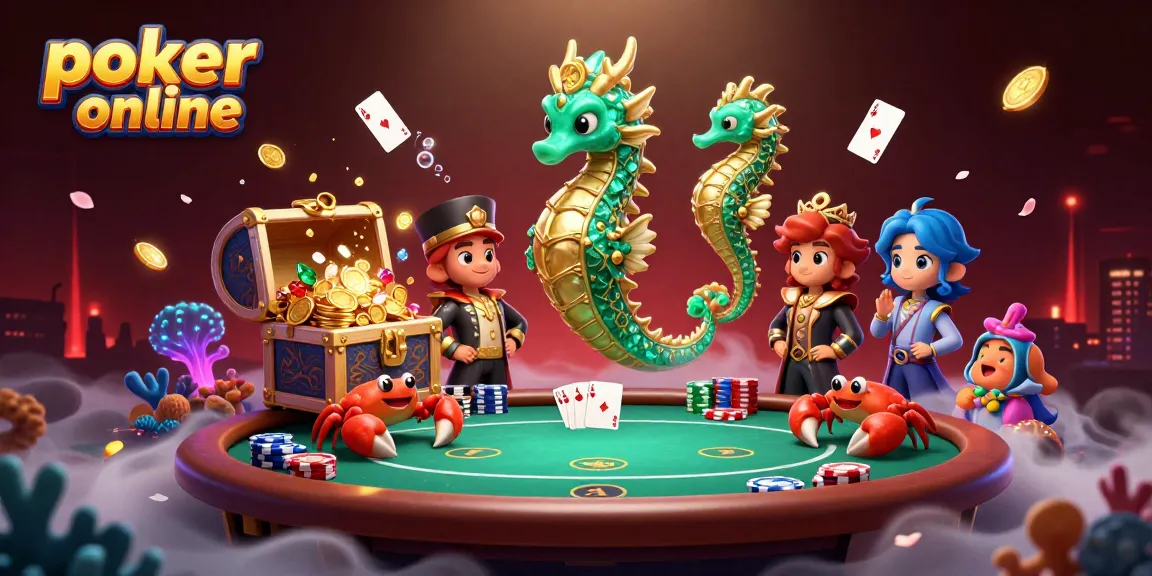Jouez au poker en ligne avec une scène animée comprenant un dragon de mer en émeraude, une table de poker et des cartes flottantes.