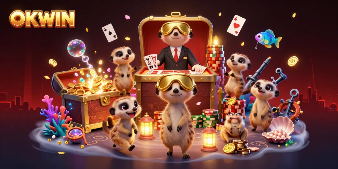 OKWIN meerkats orchestrating a vibrant casino with floating cards and treasure amidst vibrant scenic elements.