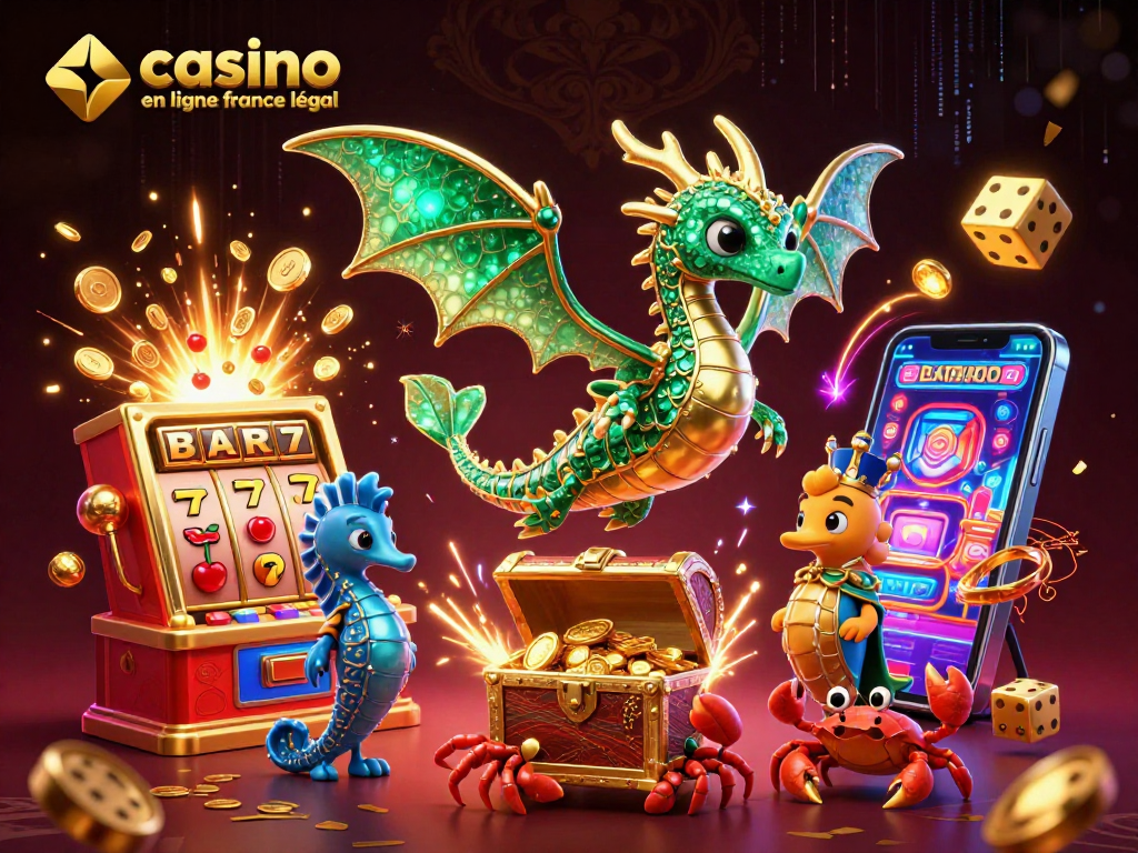 Plongez dans l'univers vibrant du casino en ligne France légal avec des dragons marins et des machines à sous scintillantes.