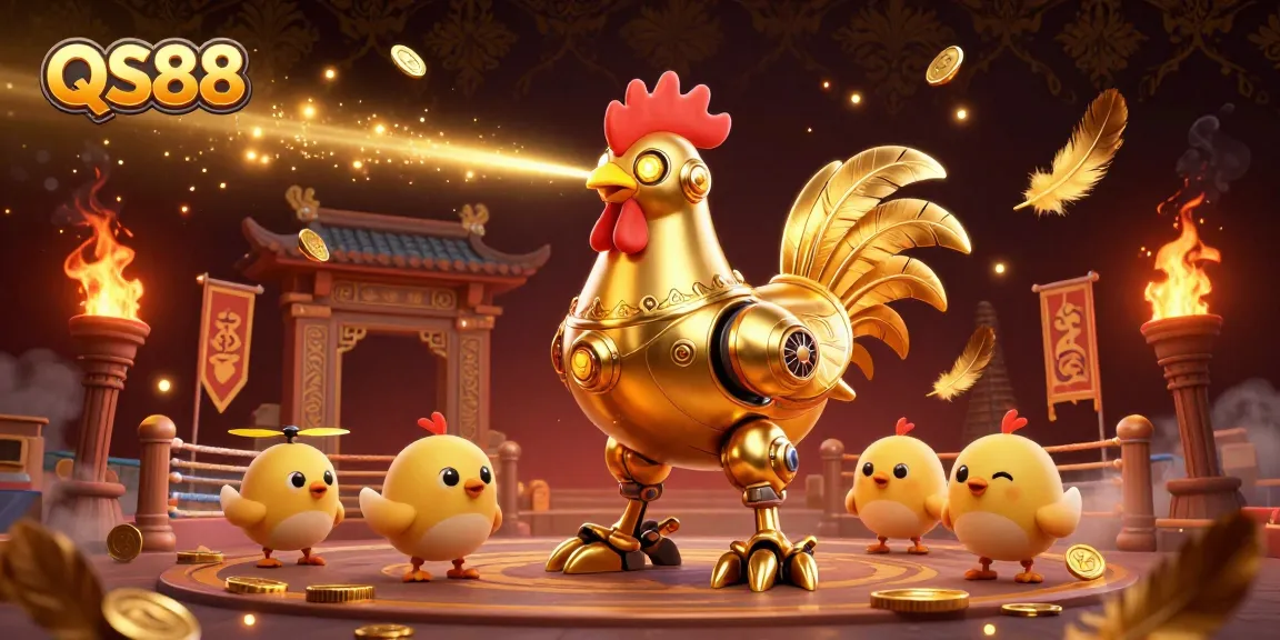 Betting with QS88 featuring a golden rooster robot and baby chick drones in a vibrant casino arena.